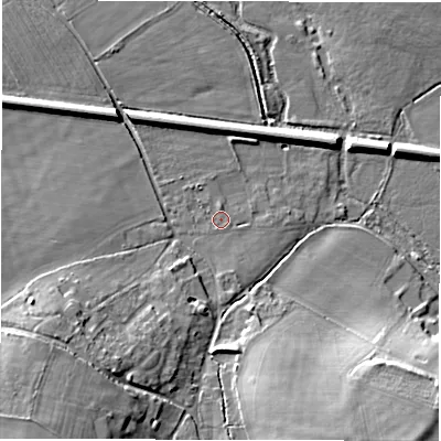 Shaded relief map of the ground around SO510JG, computed from Environment Agency LiDAR. The ground here sits at about 30 m above sea level and falls 17 m across the surrounding 800 m. Surface water reaching this point runs off ground lying to the north, 0.7 m higher.