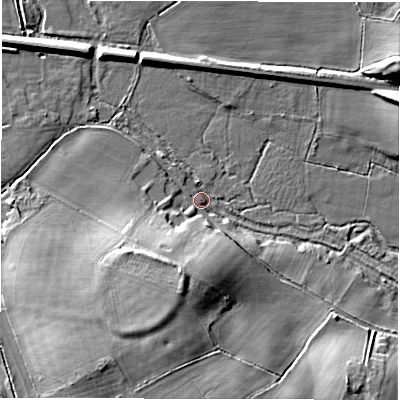 Shaded relief map of the ground around SO510JH, computed from Environment Agency LiDAR. The ground here sits at about 27 m above sea level and falls 19 m across the surrounding 800 m. Surface water reaching this point runs off ground lying to the south-south-west, 15.2 m higher.