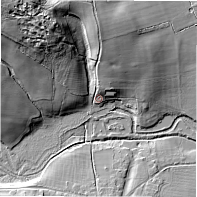 Shaded relief map of the ground around SO510JR, computed from Environment Agency LiDAR. The ground here sits at about 35 m above sea level and falls 38 m across the surrounding 800 m. Surface water reaching this point runs off ground lying to the north, 18.7 m higher.