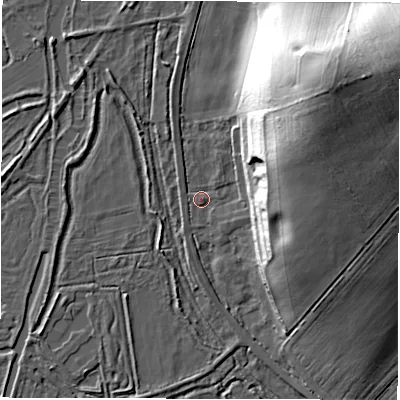 Shaded relief map of the ground around SO510LB, computed from Environment Agency LiDAR. The ground here sits at about 22 m above sea level and falls 39 m across the surrounding 800 m. Surface water reaching this point runs off ground lying to the south-south-west, 1.1 m higher.