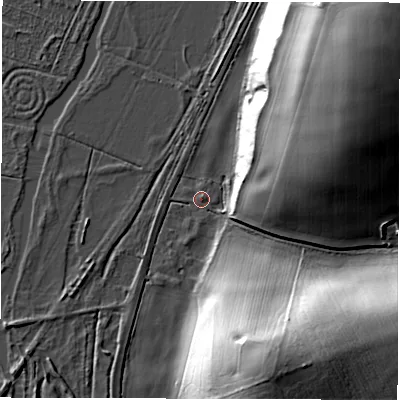 Shaded relief map of the ground around SO510LD, computed from Environment Agency LiDAR. The ground here sits at about 23 m above sea level and falls 57 m across the surrounding 800 m. Surface water reaching this point runs off ground lying to the east-north-east, 35.2 m higher.