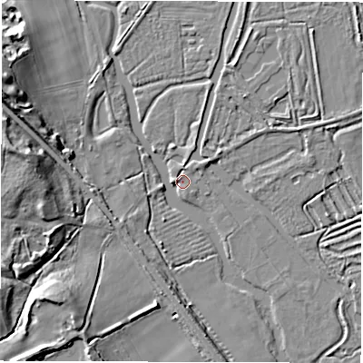 Shaded relief map of the ground around SO510LE, computed from Environment Agency LiDAR. The ground here sits at about 21 m above sea level and falls 16 m across the surrounding 800 m. Surface water reaching this point runs off ground lying to the west, 14.6 m higher.