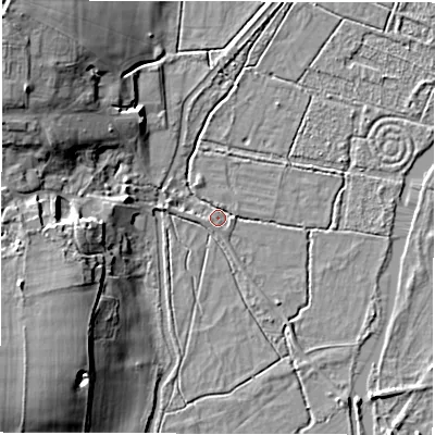 Shaded relief map of the ground around SO510LN, computed from Environment Agency LiDAR. The ground here sits at about 23 m above sea level and falls 17 m across the surrounding 800 m. Surface water reaching this point runs off ground lying to the west-north-west, 14.5 m higher.