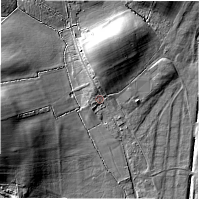 Shaded relief map of the ground around SO510LW, computed from Environment Agency LiDAR. The ground here sits at about 35 m above sea level and falls 22 m across the surrounding 800 m. Surface water reaching this point runs off ground lying to the north, 4.7 m higher.