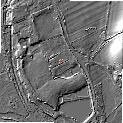 Shaded relief map of the ground around SO510NB, computed from Environment Agency LiDAR. The ground here sits at about 20 m above sea level and falls 16 m across the surrounding 800 m. Surface water reaching this point runs off ground lying to the west, 0.9 m higher.