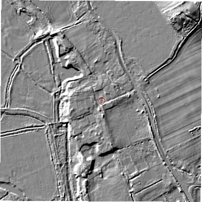 Shaded relief map of the ground around SO510NE, computed from Environment Agency LiDAR. The ground here sits at about 21 m above sea level and falls 19 m across the surrounding 800 m. Surface water reaching this point runs off ground lying to the south, 1.5 m higher.