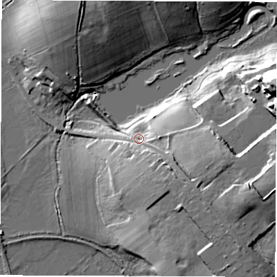 Shaded relief map of the ground around SO510PF, computed from Environment Agency LiDAR. The ground here sits at about 30 m above sea level and falls 37 m across the surrounding 800 m. Surface water reaching this point runs off ground lying to the east-south-east, 14.8 m higher.