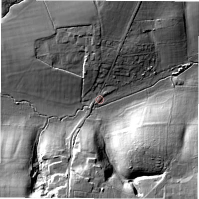Shaded relief map of the ground around SO510QB, computed from Environment Agency LiDAR. The ground here sits at about 28 m above sea level and falls 26 m across the surrounding 800 m. Surface water reaching this point runs off ground lying to the south-east, 24.8 m higher.