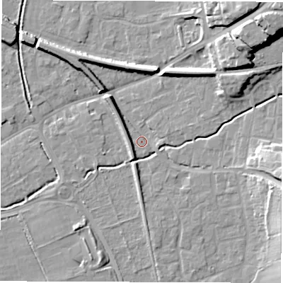 Shaded relief map of the ground around SO515AG, computed from Environment Agency LiDAR. The ground here sits at about 18 m above sea level and falls 21 m across the surrounding 800 m. Surface water reaching this point runs off ground lying to the east-south-east, 12.9 m higher.