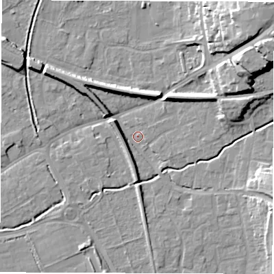 Shaded relief map of the ground around SO515AH, computed from Environment Agency LiDAR. The ground here sits at about 17 m above sea level and falls 22 m across the surrounding 800 m. Surface water reaching this point runs off ground lying to the east-south-east, 10.9 m higher.