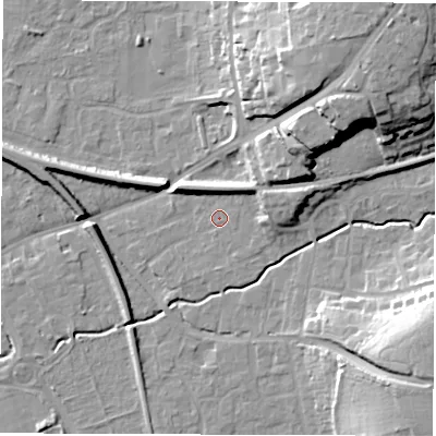 Shaded relief map of the ground around SO515AJ, computed from Environment Agency LiDAR. The ground here sits at about 18 m above sea level and falls 22 m across the surrounding 800 m. Surface water reaching this point runs off ground lying to the east-north-east, 6.4 m higher.
