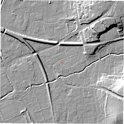 Shaded relief map of the ground around SO515AL, computed from Environment Agency LiDAR. The ground here sits at about 18 m above sea level and falls 22 m across the surrounding 800 m. Surface water reaching this point runs off ground lying to the east, 1.4 m higher.