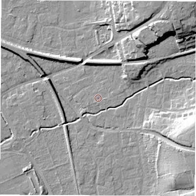 Shaded relief map of the ground around SO515AN, computed from Environment Agency LiDAR. The ground here sits at about 18 m above sea level and falls 21 m across the surrounding 800 m. Surface water reaching this point runs off ground lying to the east-north-east, 1.0 m higher.