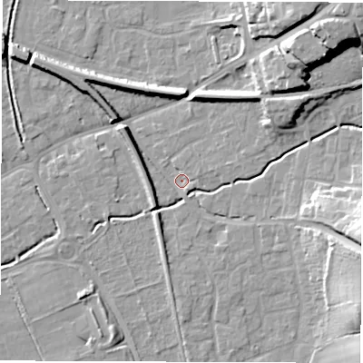 Shaded relief map of the ground around SO515AP, computed from Environment Agency LiDAR. The ground here sits at about 17 m above sea level and falls 21 m across the surrounding 800 m. Surface water reaching this point runs off ground lying to the east-south-east, 16.0 m higher.