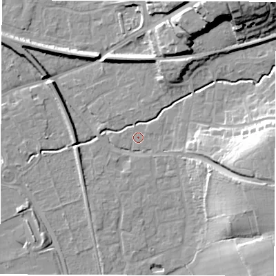 Shaded relief map of the ground around SO515AR, computed from Environment Agency LiDAR. The ground here sits at about 18 m above sea level and falls 20 m across the surrounding 800 m. Surface water reaching this point runs off ground lying to the east, 1.7 m higher.