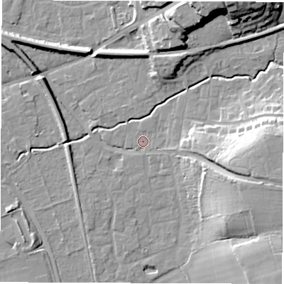 Shaded relief map of the ground around SO515AS, computed from Environment Agency LiDAR. The ground here sits at about 18 m above sea level and falls 20 m across the surrounding 800 m. Surface water reaching this point runs off ground lying to the east-south-east, 18.2 m higher.