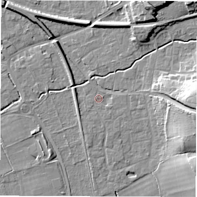 Shaded relief map of the ground around SO515AT, computed from Environment Agency LiDAR. The ground here sits at about 18 m above sea level and falls 19 m across the surrounding 800 m. Surface water reaching this point runs off ground lying to the east-south-east, 1.1 m higher.