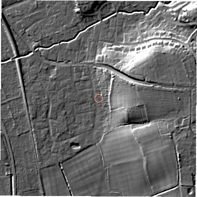 Shaded relief map of the ground around SO515AU, computed from Environment Agency LiDAR. The ground here sits at about 19 m above sea level and falls 21 m across the surrounding 800 m. Surface water reaching this point runs off ground lying to the east-north-east, 17.4 m higher.