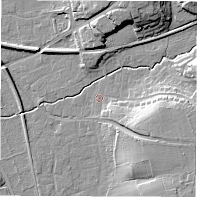 Shaded relief map of the ground around SO515AZ, computed from Environment Agency LiDAR. The ground here sits at about 19 m above sea level and falls 21 m across the surrounding 800 m. Surface water reaching this point runs off ground lying to the east-south-east, 16.5 m higher.