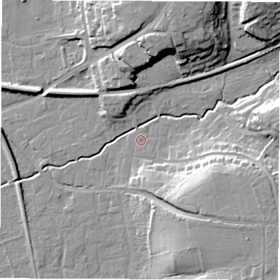 Shaded relief map of the ground around SO515BA, computed from Environment Agency LiDAR. The ground here sits at about 19 m above sea level and falls 21 m across the surrounding 800 m. Surface water reaching this point runs off ground lying to the north-north-east, 19.3 m higher.