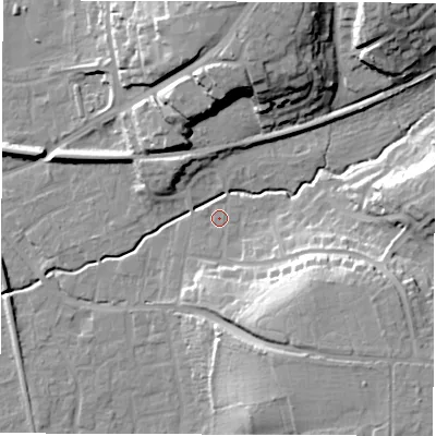 Shaded relief map of the ground around SO515BD, computed from Environment Agency LiDAR. The ground here sits at about 20 m above sea level and falls 21 m across the surrounding 800 m. Surface water reaching this point runs off ground lying to the south-east, 18.7 m higher.