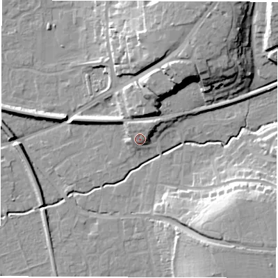 Shaded relief map of the ground around SO515BN, computed from Environment Agency LiDAR. The ground here sits at about 23 m above sea level and falls 21 m across the surrounding 800 m. Surface water reaching this point runs off ground lying to the north-east, 4.8 m higher.