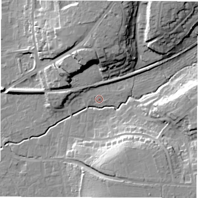 Shaded relief map of the ground around SO515BP, computed from Environment Agency LiDAR. The ground here sits at about 20 m above sea level and falls 21 m across the surrounding 800 m. Surface water reaching this point runs off ground lying to the south-east, 18.6 m higher.