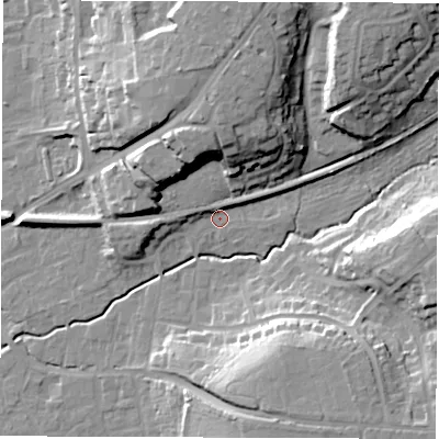 Shaded relief map of the ground around SO515BQ, computed from Environment Agency LiDAR. The ground here sits at about 20 m above sea level and falls 21 m across the surrounding 800 m. Surface water reaching this point runs off ground lying to the east-north-east, 3.6 m higher.