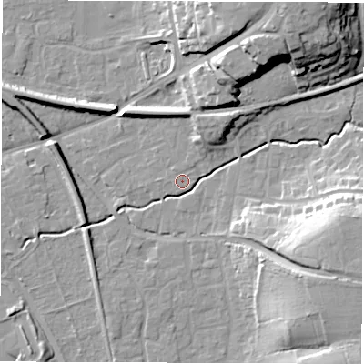 Shaded relief map of the ground around SO515EG, computed from Environment Agency LiDAR. The ground here sits at about 19 m above sea level and falls 21 m across the surrounding 800 m. Surface water reaching this point runs off ground lying to the east-south-east, 18.6 m higher.