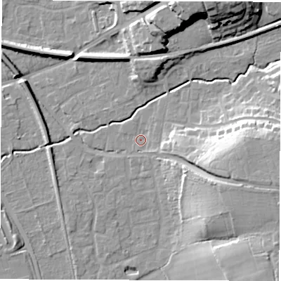 Shaded relief map of the ground around SO515TA, computed from Environment Agency LiDAR. The ground here sits at about 19 m above sea level and falls 20 m across the surrounding 800 m. Surface water reaching this point runs off ground lying to the east, 1.3 m higher.