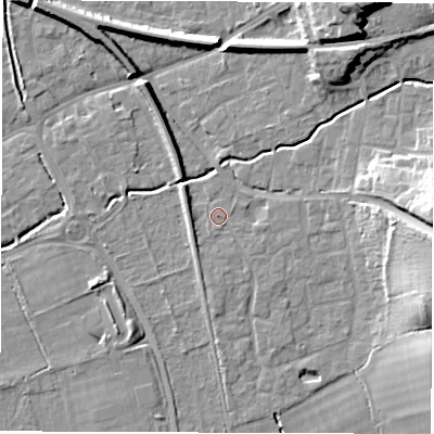 Shaded relief map of the ground around SO515UZ, computed from Environment Agency LiDAR. The ground here sits at about 18 m above sea level and falls 18 m across the surrounding 800 m. Surface water reaching this point runs off ground lying to the south-south-east, 0.6 m higher.