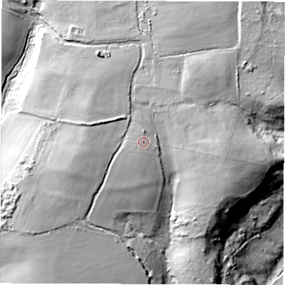 Shaded relief map of the ground around SO516AB, computed from Environment Agency LiDAR. The ground here sits at about 48 m above sea level and falls 47 m across the surrounding 800 m. Surface water reaching this point runs off ground lying to the west, 1.5 m higher.