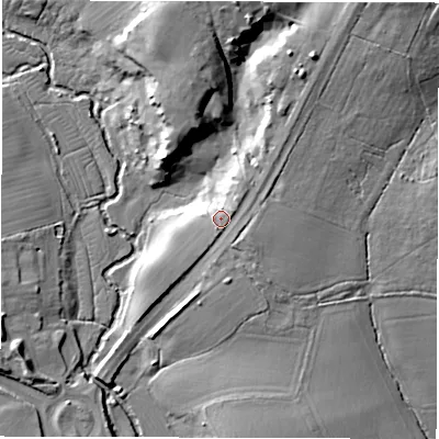 Shaded relief map of the ground around SO516AE, computed from Environment Agency LiDAR. The ground here sits at about 20 m above sea level and falls 31 m across the surrounding 800 m. Surface water reaching this point runs off ground lying to the north-east, 4.1 m higher.