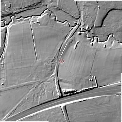 Shaded relief map of the ground around SO516AF, computed from Environment Agency LiDAR. The ground here sits at about 14 m above sea level and falls 16 m across the surrounding 800 m. Surface water reaching this point runs off ground lying to the south, 9.3 m higher.