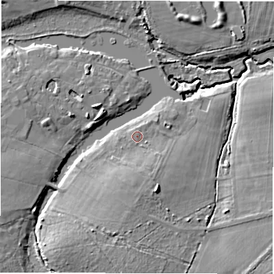 Shaded relief map of the ground around SO516AL, computed from Environment Agency LiDAR. The ground here sits at about 16 m above sea level and falls 11 m across the surrounding 800 m. Surface water reaching this point runs off ground lying to the south, 3.8 m higher.