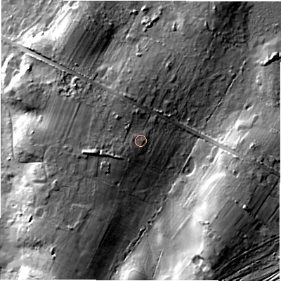 Shaded relief map of the ground around SO516AP, computed from Environment Agency LiDAR. The ground here sits at about 37 m above sea level and falls 23 m across the surrounding 800 m. Surface water reaching this point runs off ground lying to the west-south-west, 2.5 m higher.
