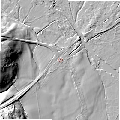 Shaded relief map of the ground around SO516BA, computed from Environment Agency LiDAR. The ground here sits at about 13 m above sea level and falls 34 m across the surrounding 800 m. Surface water reaching this point runs off ground lying to the west, 25.3 m higher.