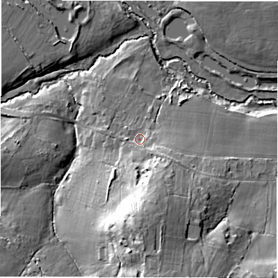 Shaded relief map of the ground around SO516BG, computed from Environment Agency LiDAR. The ground here sits at about 23 m above sea level and falls 26 m across the surrounding 800 m. Surface water reaching this point runs off ground lying to the south, 16.4 m higher.