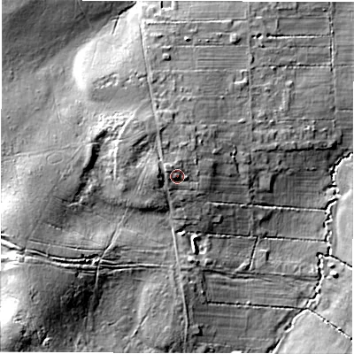 Shaded relief map of the ground around SO516DH, computed from Environment Agency LiDAR. The ground here sits at about 39 m above sea level and falls 18 m across the surrounding 800 m. Surface water reaching this point runs off ground lying to the west-north-west, 1.9 m higher.