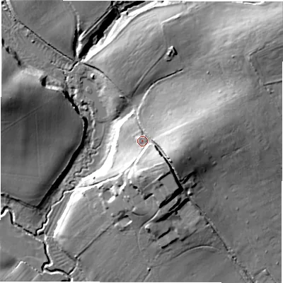 Shaded relief map of the ground around SO516DR, computed from Environment Agency LiDAR. The ground here sits at about 27 m above sea level and falls 23 m across the surrounding 800 m. Surface water reaching this point runs off ground lying to the south-east, 11.1 m higher.