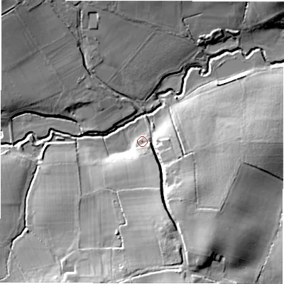 Shaded relief map of the ground around SO516DW, computed from Environment Agency LiDAR. The ground here sits at about 21 m above sea level and falls 20 m across the surrounding 800 m. Surface water reaching this point runs off ground lying to the south-south-east, 4.5 m higher.