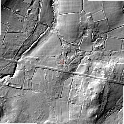 Shaded relief map of the ground around SO516EE, computed from Environment Agency LiDAR. The ground here sits at about 28 m above sea level and falls 16 m across the surrounding 800 m. Surface water reaching this point runs off ground lying to the east, 1.8 m higher.