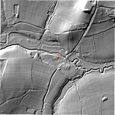 Shaded relief map of the ground around SO516EF, computed from Environment Agency LiDAR. The ground here sits at about 22 m above sea level and falls 25 m across the surrounding 800 m. Surface water reaching this point runs off ground lying to the west-south-west, 19.2 m higher.