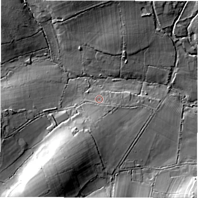 Shaded relief map of the ground around SO516EP, computed from Environment Agency LiDAR. The ground here sits at about 30 m above sea level and falls 21 m across the surrounding 800 m. Surface water reaching this point runs off ground lying to the south, 5.8 m higher.