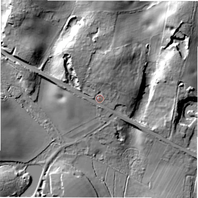 Shaded relief map of the ground around SO516FQ, computed from Environment Agency LiDAR. The ground here sits at about 49 m above sea level and falls 28 m across the surrounding 800 m. Surface water reaching this point runs off ground lying to the north-north-east, 9.9 m higher.