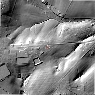Shaded relief map of the ground around SO516FS, computed from Environment Agency LiDAR. The ground here sits at about 57 m above sea level and falls 31 m across the surrounding 800 m. Surface water reaching this point runs off ground lying to the west-south-west, 8.2 m higher.