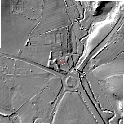 Shaded relief map of the ground around SO516GF, computed from Environment Agency LiDAR. The ground here sits at about 13 m above sea level and falls 18 m across the surrounding 800 m. Surface water reaching this point runs off ground lying to the west, 4.6 m higher.