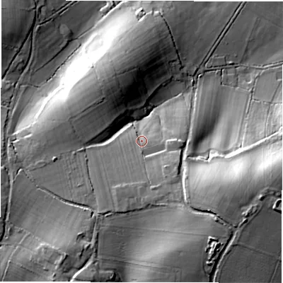 Shaded relief map of the ground around SO516GL, computed from Environment Agency LiDAR. The ground here sits at about 40 m above sea level and falls 25 m across the surrounding 800 m. Surface water reaching this point runs off ground lying to the south-south-east, 6.6 m higher.
