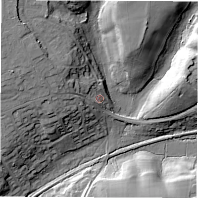Shaded relief map of the ground around SO517AD, computed from Environment Agency LiDAR. The ground here sits at about 31 m above sea level and falls 23 m across the surrounding 800 m. Surface water reaching this point runs off ground lying to the north-west, 12.9 m higher.