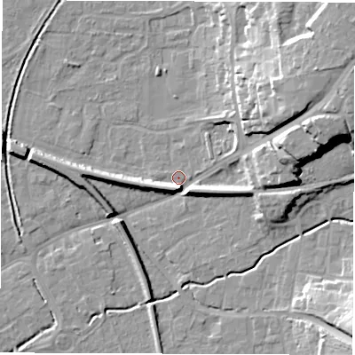 Shaded relief map of the ground around SO517JG, computed from Environment Agency LiDAR. The ground here sits at about 18 m above sea level and falls 22 m across the surrounding 800 m. Surface water reaching this point runs off ground lying to the north-east, 20.2 m higher.